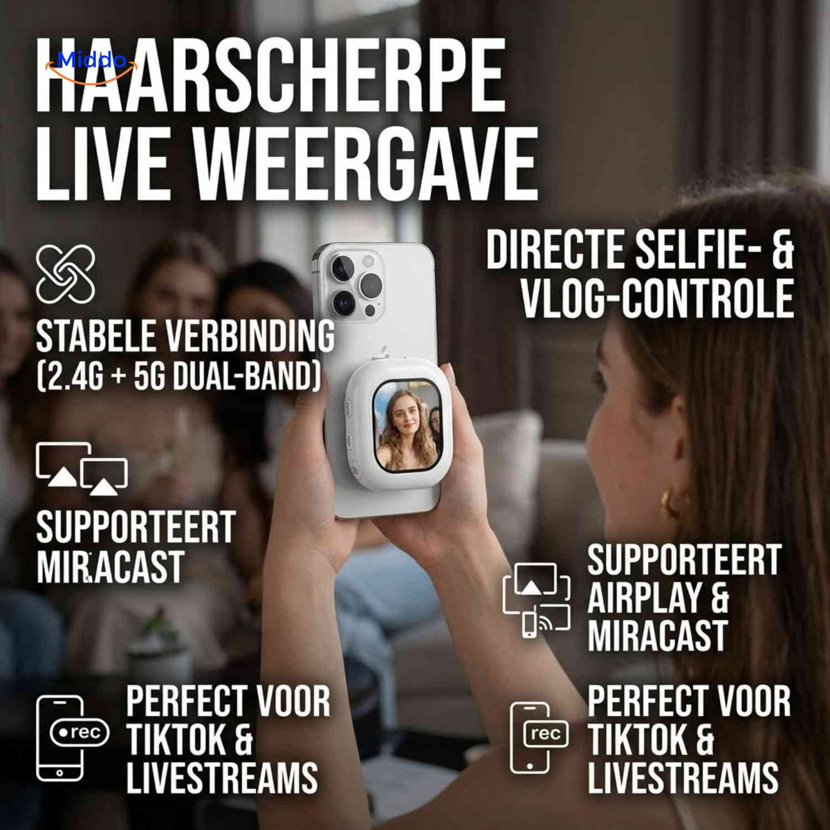 SnapView Selfiemonitor haarscherpe live weergave tiktok livestream www.middo.nl