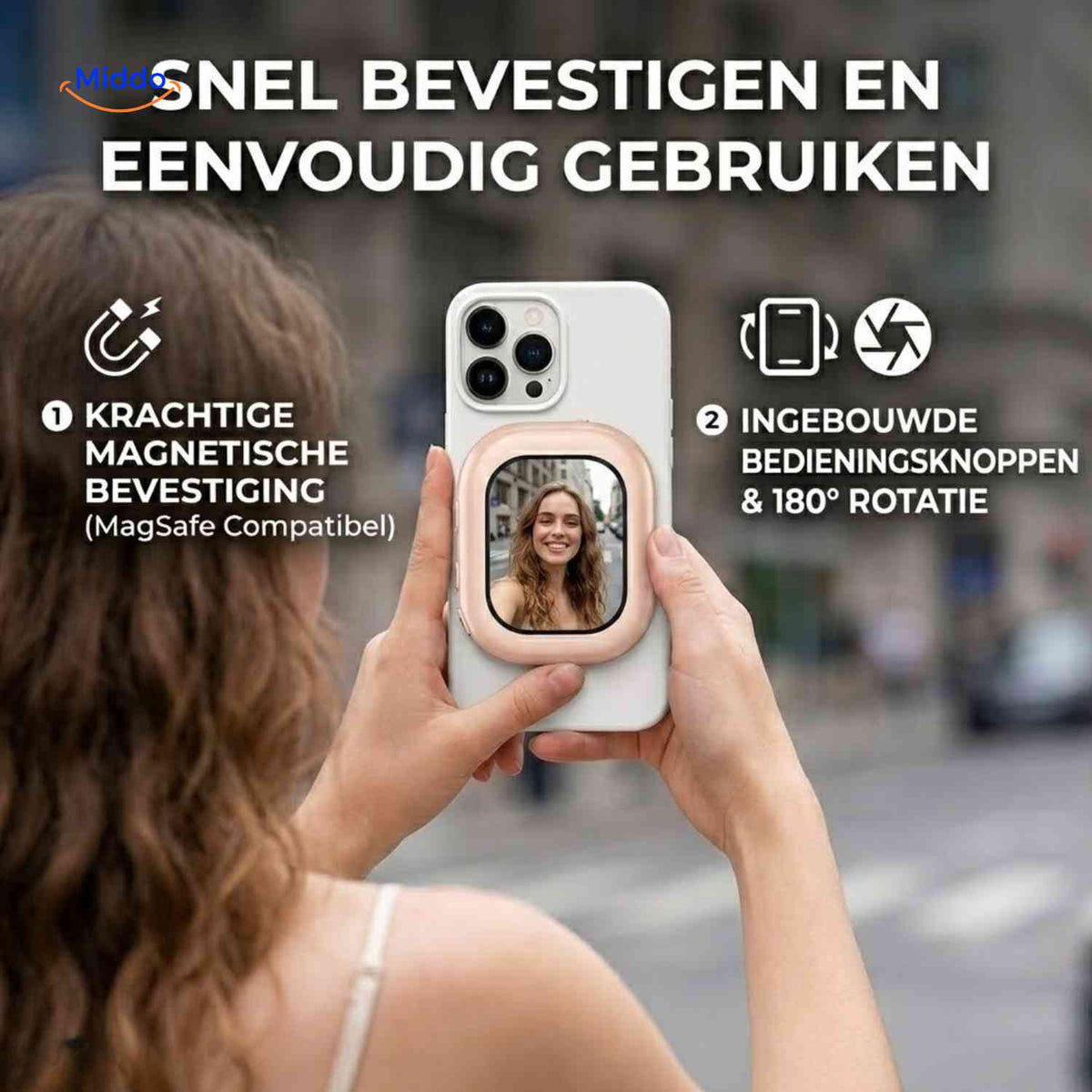 SnapView Selfiemonitor magnetische bevestiging 180 graden rotatie www.middo.nl