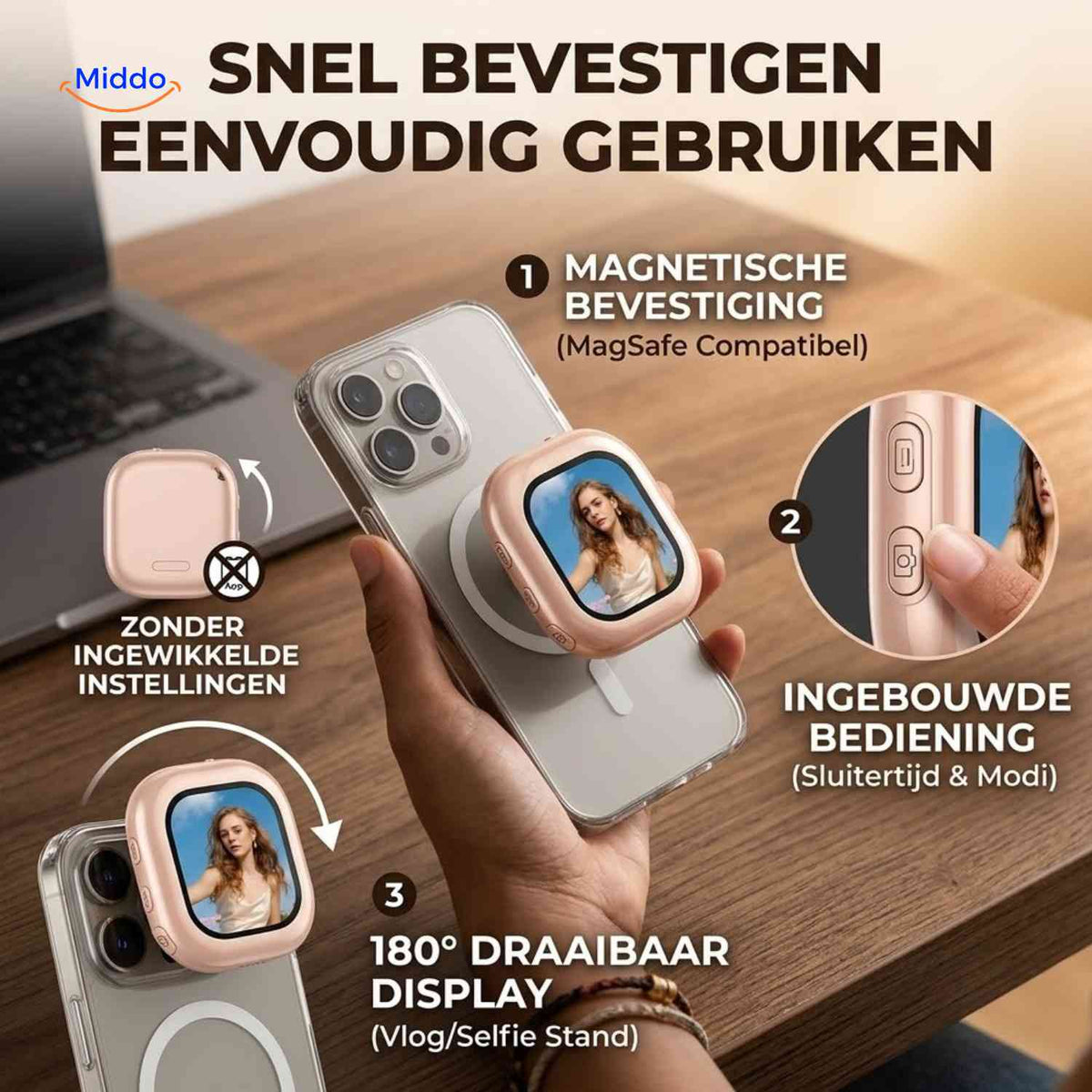 SnapView Selfiemonitor magnetische selfiemonitor magsafe draaibaar www.middo.nl
