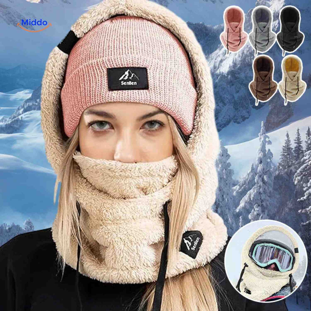 SnowShield Wintermuts sneeuw hoodie met fleece sjaal warm bescherming www.middo.nl