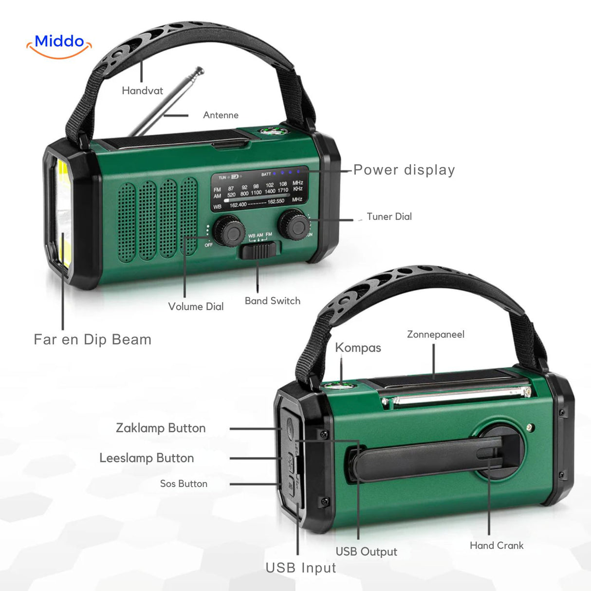 SolarPower Pro radio met licht en noodfunctie www.middo.nl
