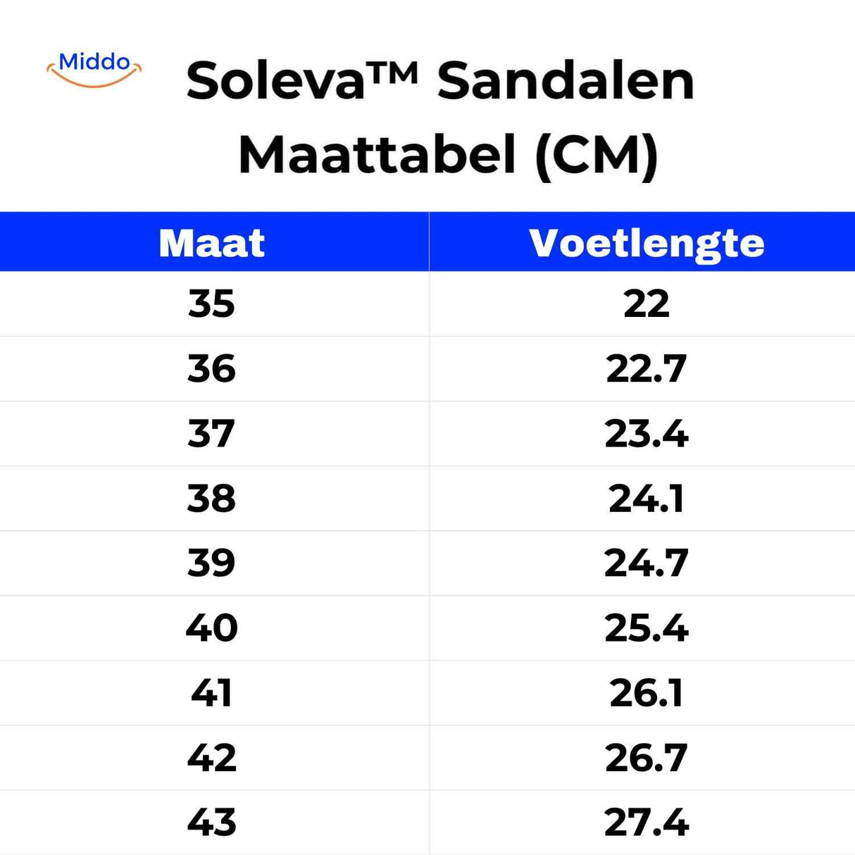 Soleva Sandalen Maattabel www.middo.nl