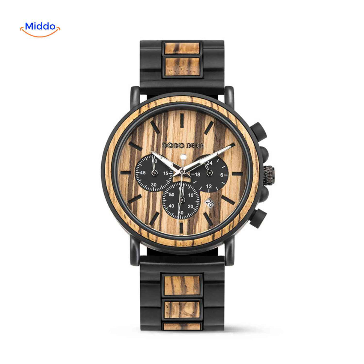 Timbero Houten Horloge houten chronograaf horloge met natuurlijke houtnerf www.middo.nl