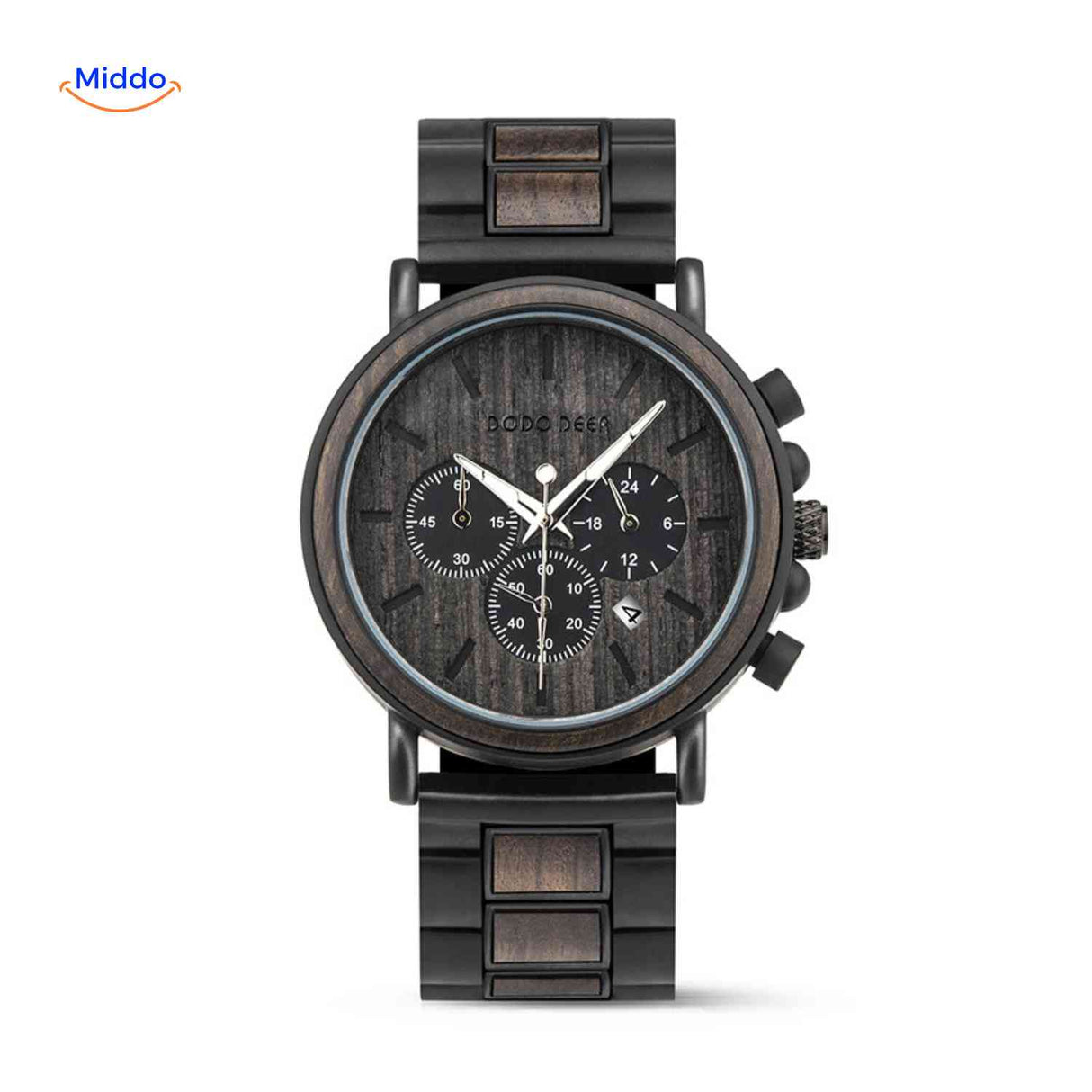 Timbero Houten Horloge houten chronograaf horloge met structuur wijzerplaat www.middo.nl