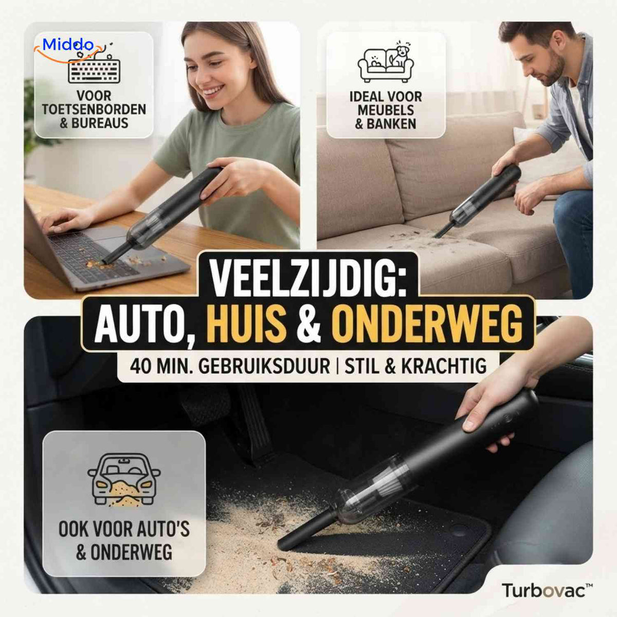 Turbovac Autostofzuiger krachtige reiniging voor auto interieur www.middo.nl