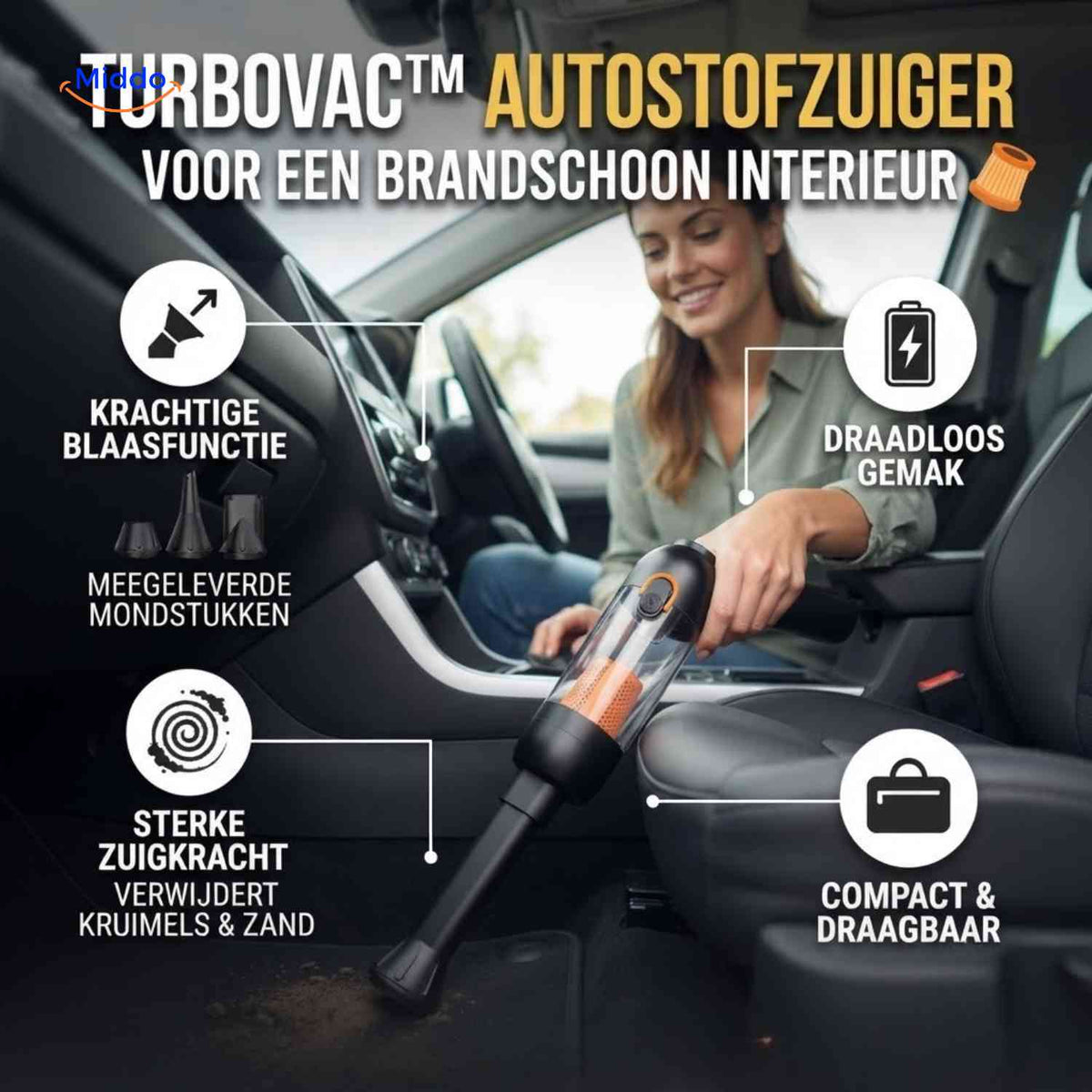 Turbovac Autostofzuiger vieze kofferbak voor reiniging www.middo.nl