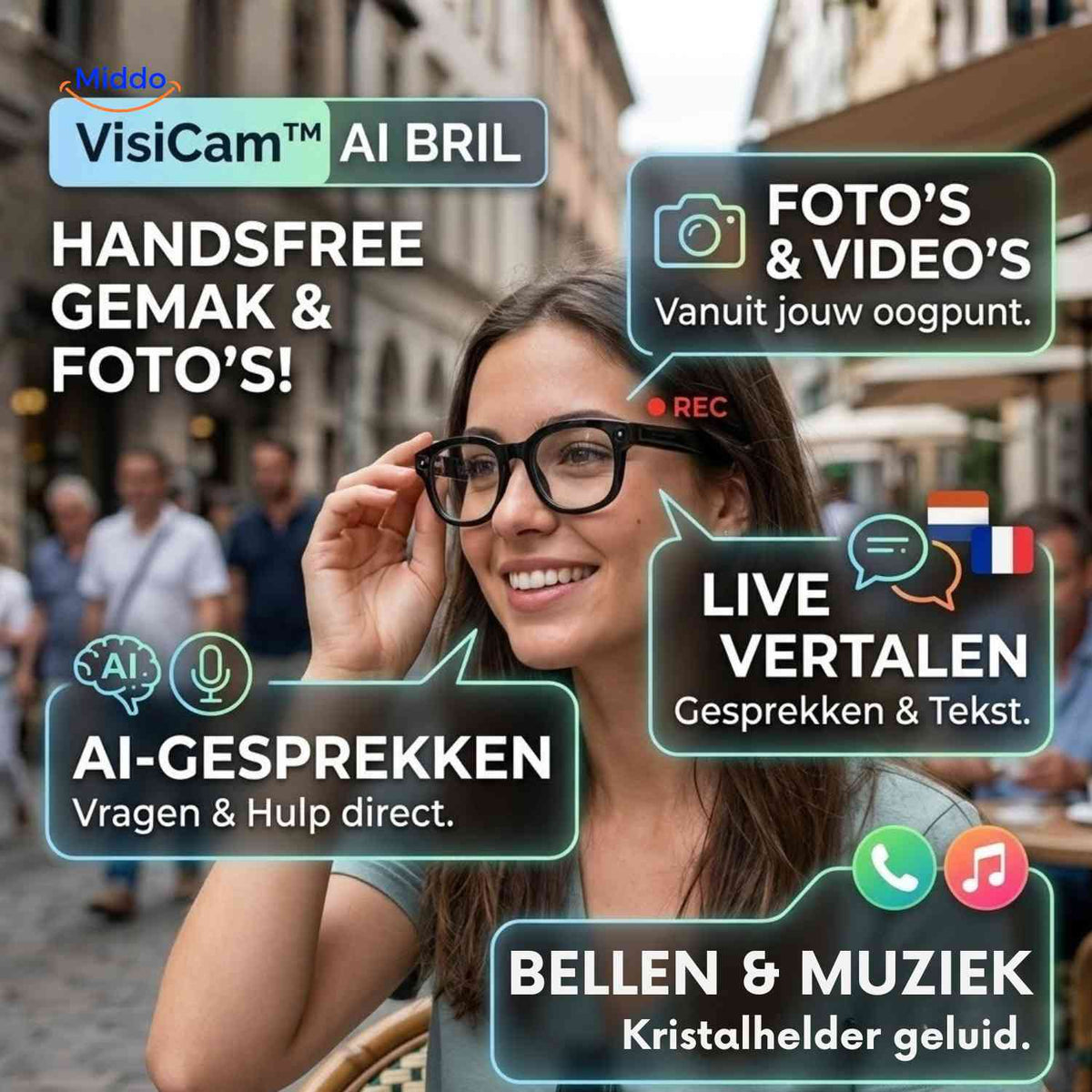 VisiCam AI Bril handsfree fotos live vertalen ai assistent www.middo.nl