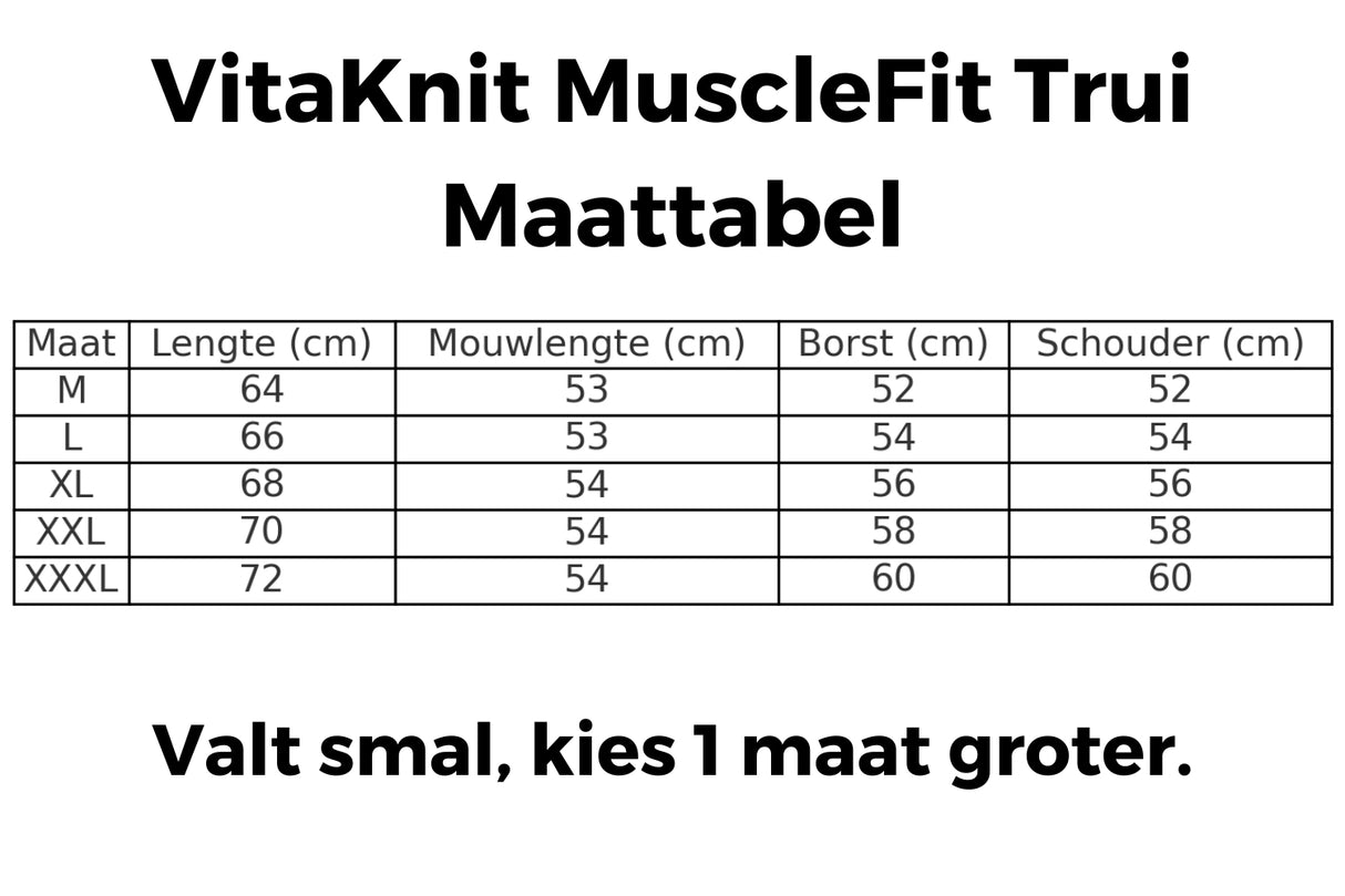 Maattabel voor Vitaknit MuscleFit Trui, alle gangbare maten beschikbaar