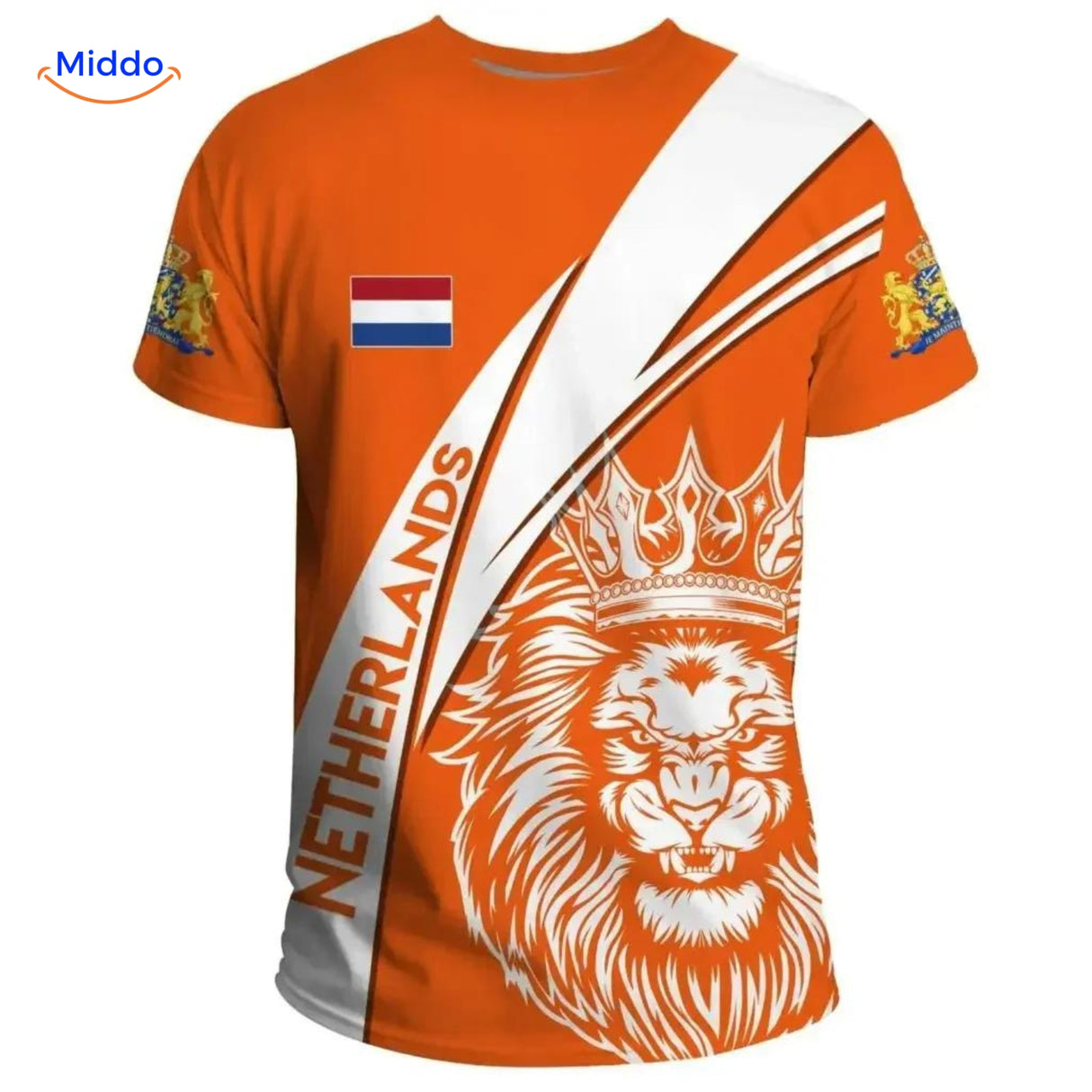 Oranje T-shirt met majestueuze leeuw grafisch, trots van Nederland, perfect voor elke fan