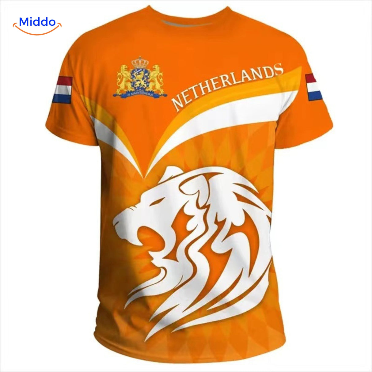 Oranje supporter T-shirt met abstracte leeuw, vier Nederland op het EK 2024.