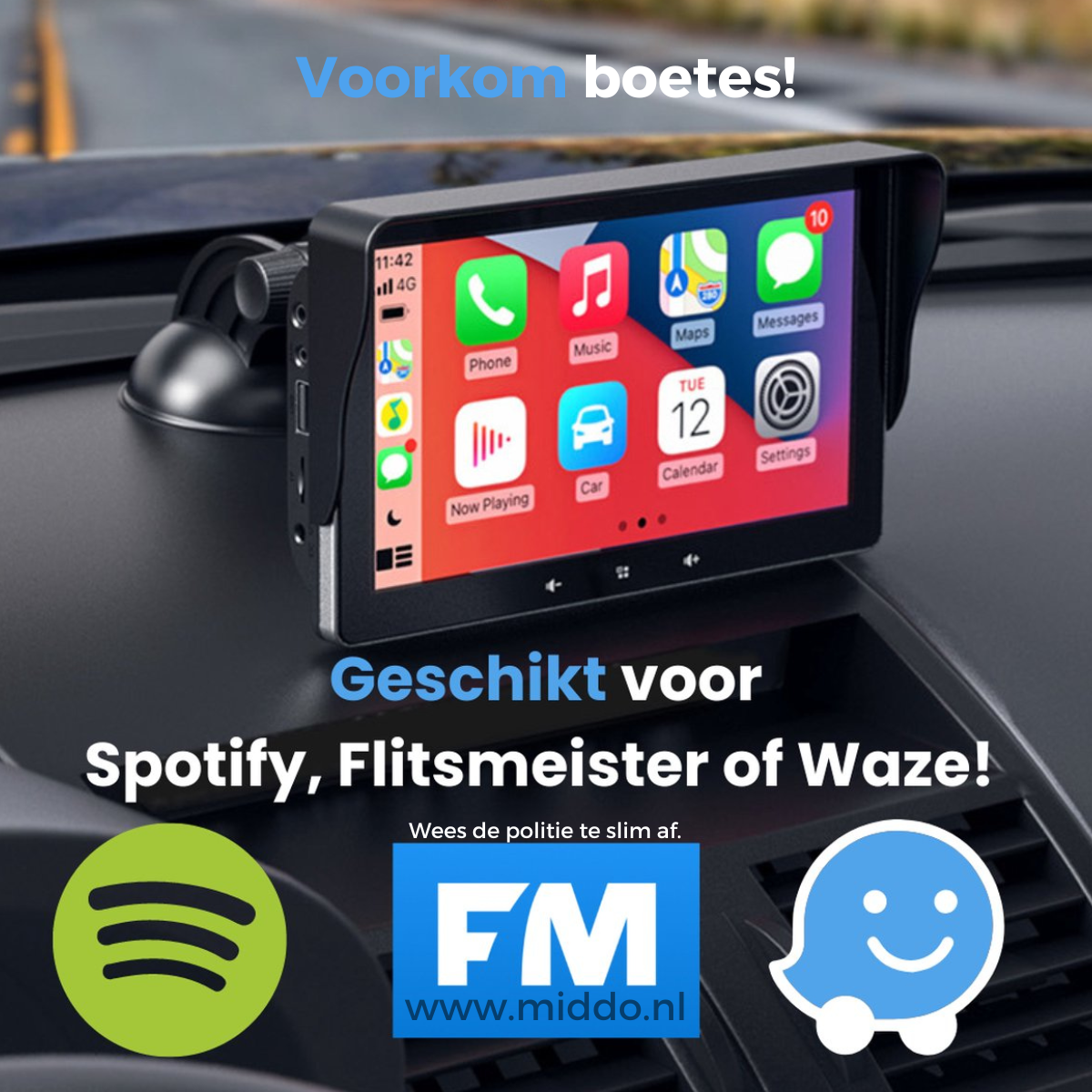 Foto van de CarPlay met tekst van geschikt voor spotify flitsmeister of Waze