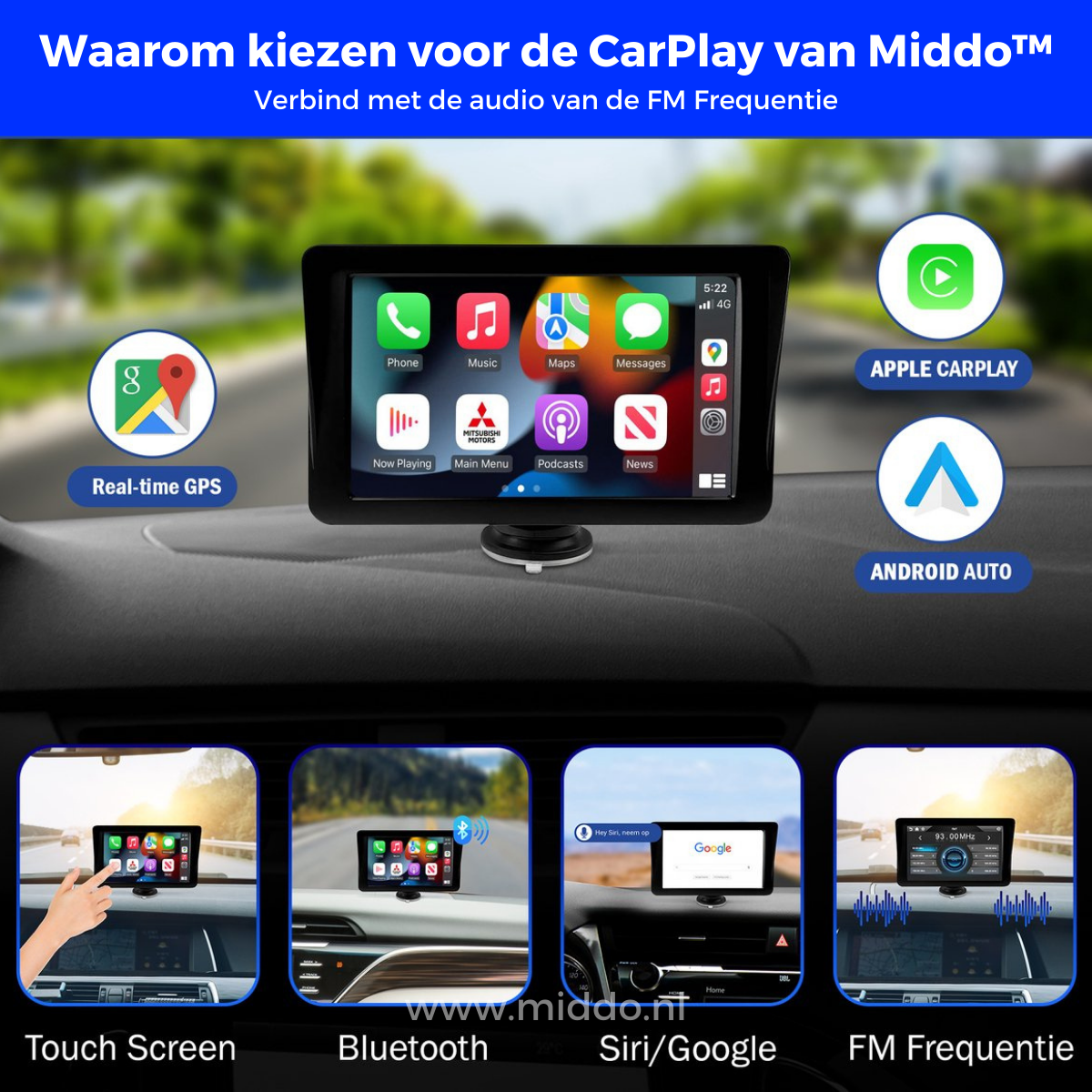 CarPlay staat vast op het dashboard van auto met 4 foto's eronder van hoe je het kunt gebruiken, met touchscreen bluetooth siri/google en radio.