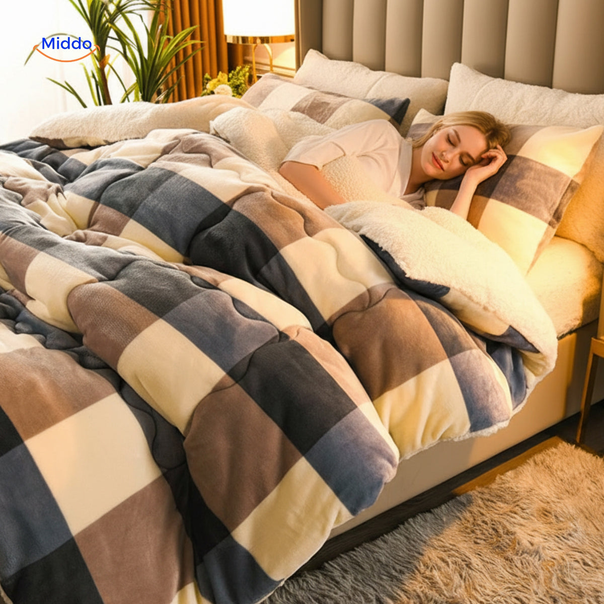 Warmora Deken dikke plaid met sherpa en ruitpatroon www.middo.nl