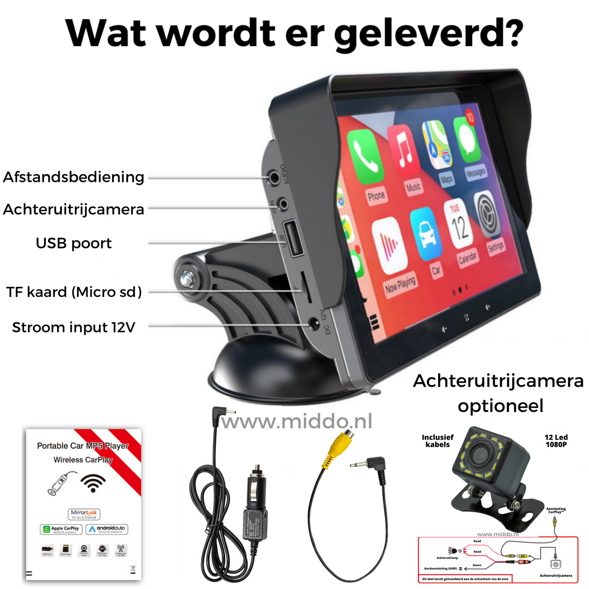 Foto van Carplay met de onderdelen die erbij worden geleverd zoals kabels en handleiding en optioneel de achteruitrijcamera.