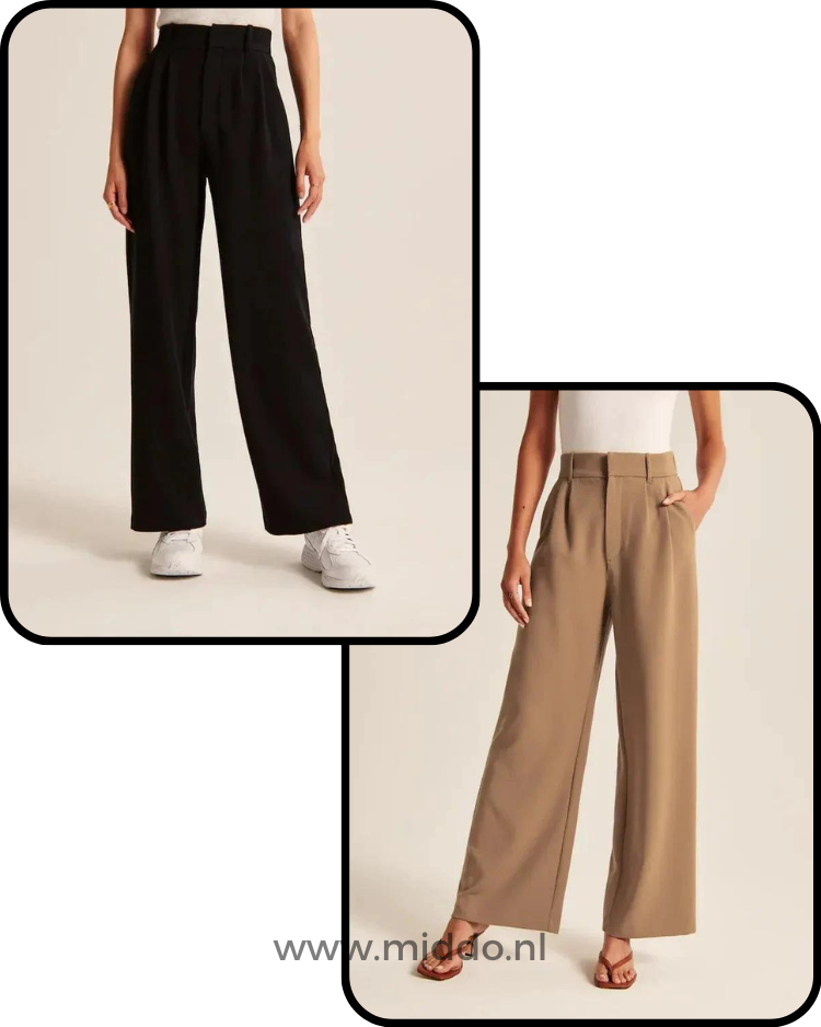 twee foto's van de bruine en zwarte wijde pantalon gedragen door 2 dames.