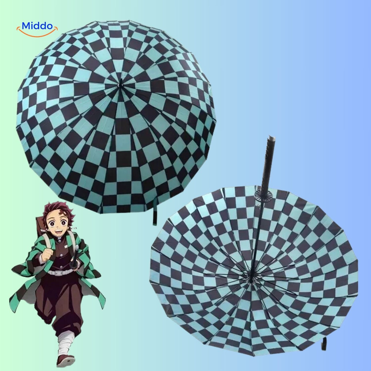 ZenBrella animeparaplu groene en zwarte paraplu bovenaanzicht met karakter middo.nl