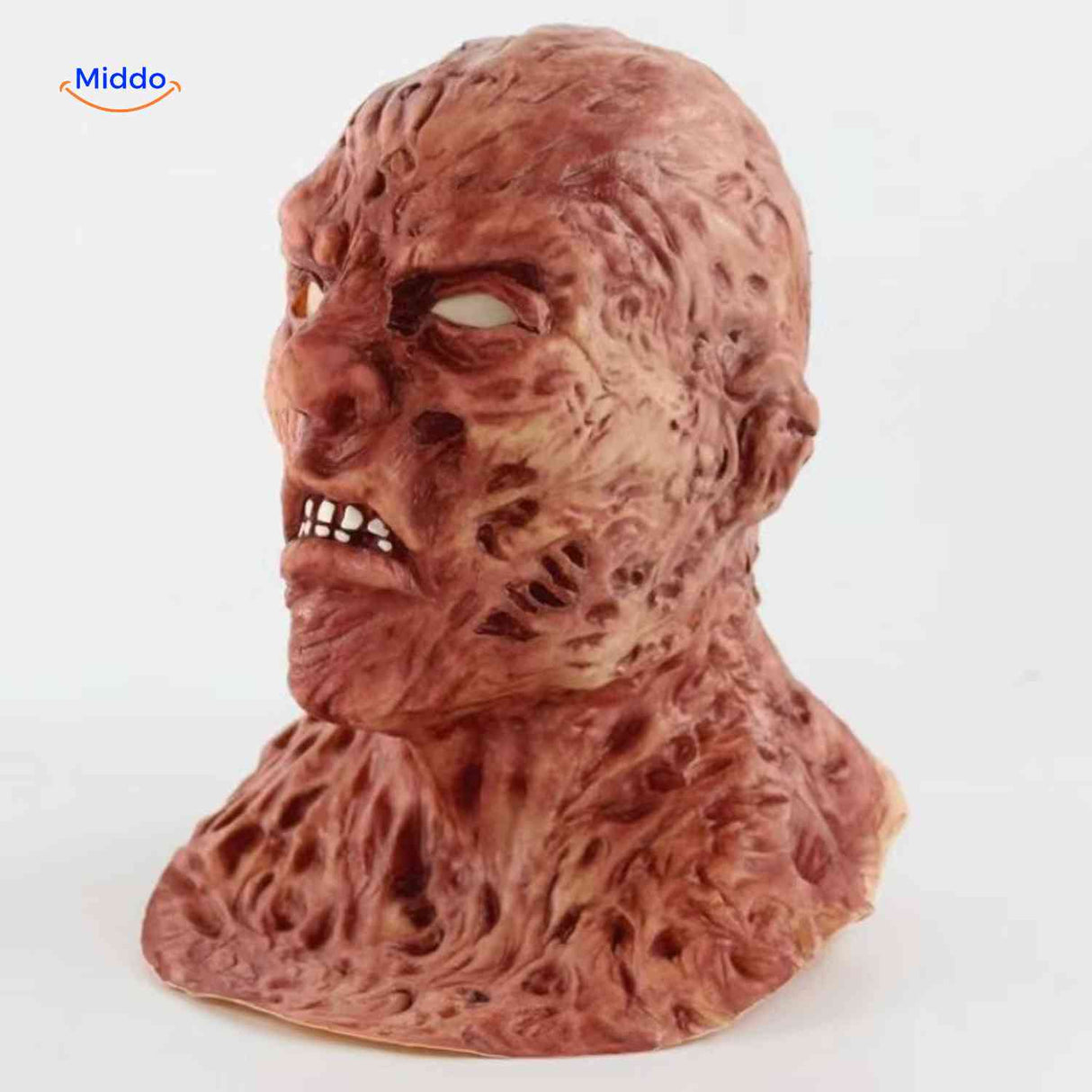 Zombiora Masker verbrand gezichtsmasker met hoed en rode ogen www.middo.nl