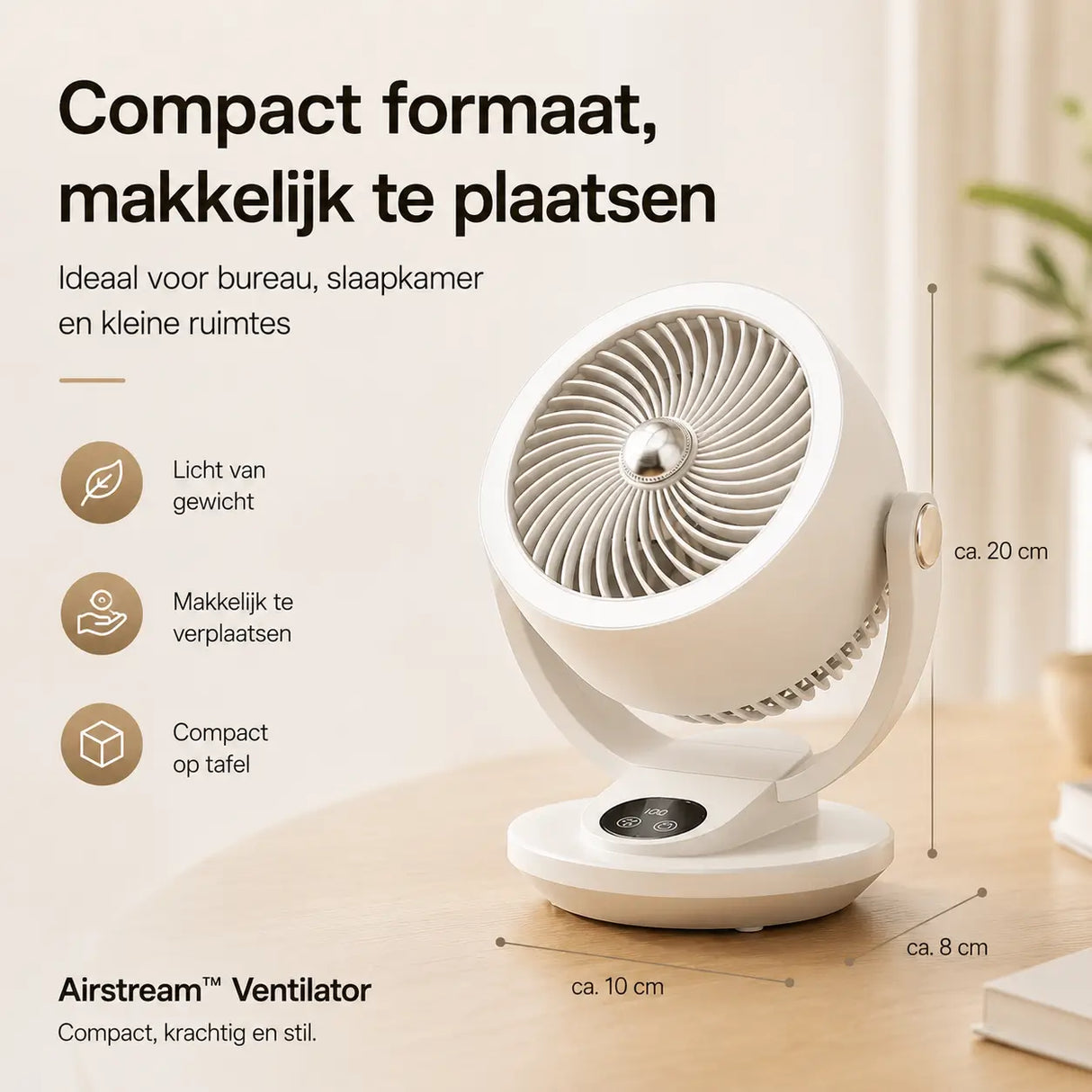 Airstream ventilator van Middo met compact formaat voor eenvoudig gebruik op bureau nachtkastje of plank