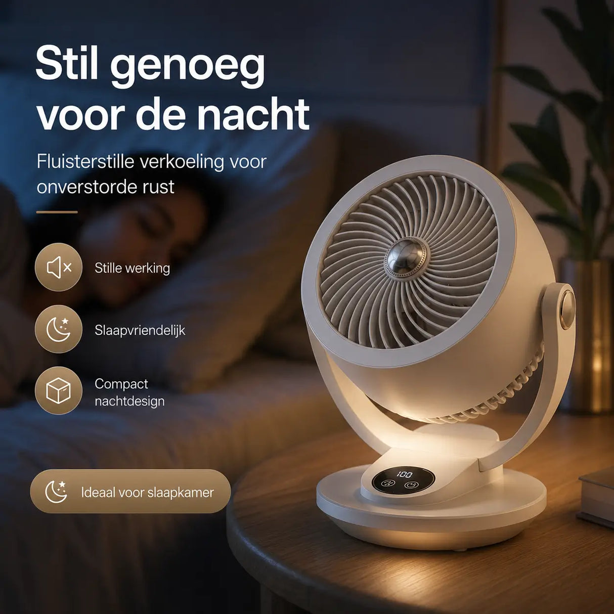 Airstream ventilator van Middo op nachtkastje voor stille verkoeling tijdens het slapen