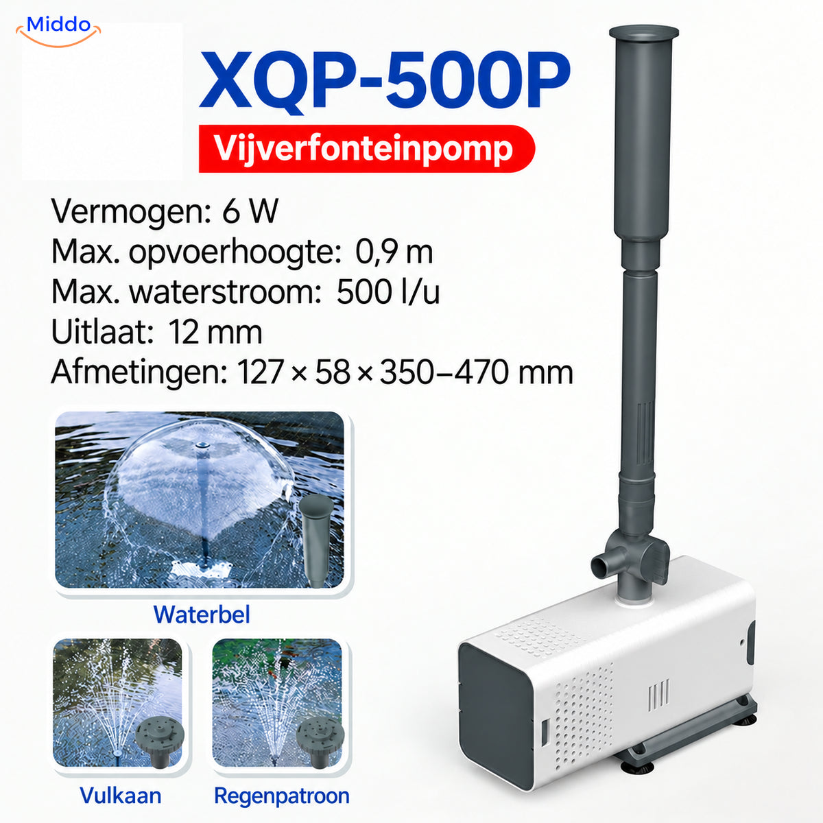 AquaFountain XQP-500P witte vijverpomp: 6 W, 500 l/u en drie sproeipatronen