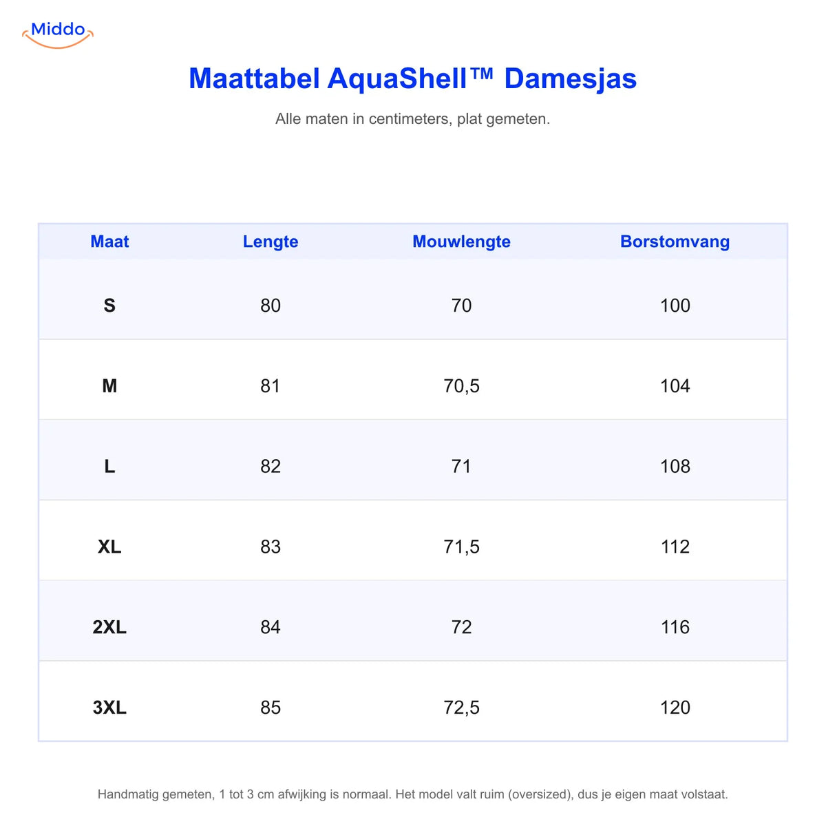 Maattabel AquaShell damesjas in centimeters, maat S tot 3XL