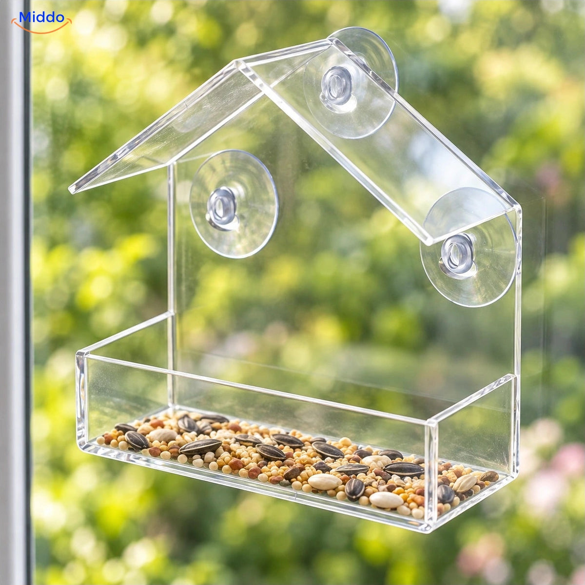 AviHaven – Compact vogelvoederhuis met transparante rand aan het raam