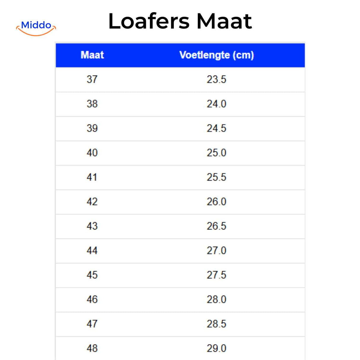 beckwin loafers maattabel voetlengte cm per eu schoenmaat overzicht www.middo.nl