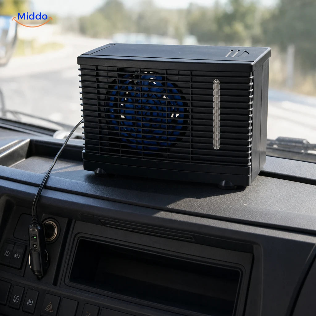 Zwarte BreezeMate 24V-verdamperkoeler met kabel en dashboardmat