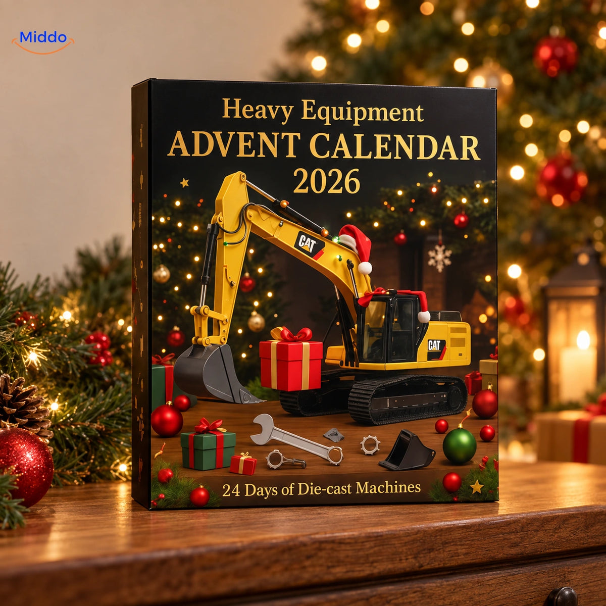 Buildora bouwmachines adventskalender in een warme kerstsetting