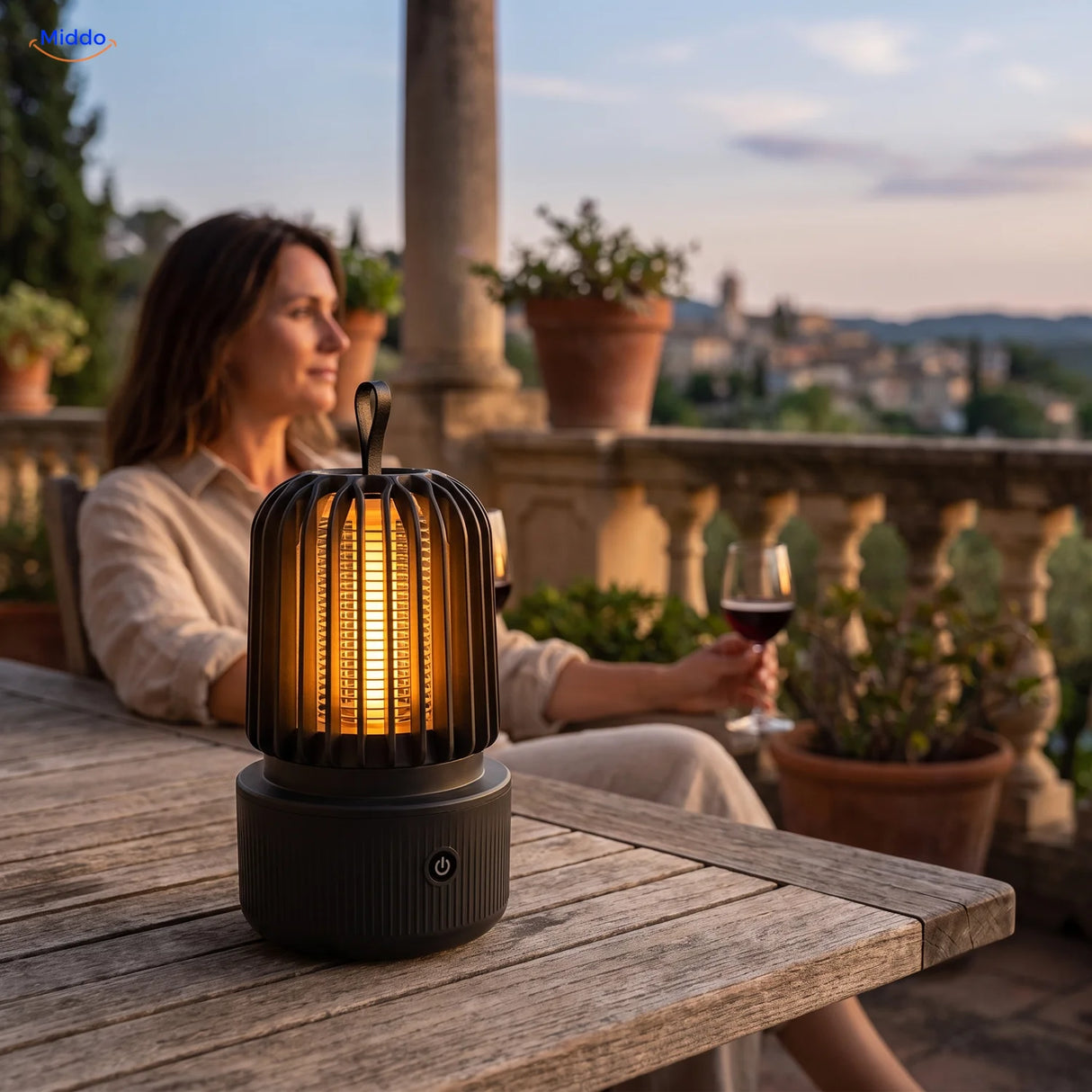 BuzzAway muggenlamp in de warme lichtstand op een terrastafel bij schemer