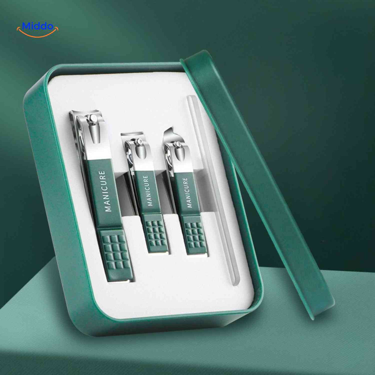 clipora nagelknipper set met groene handgrepen en doos www.middo.nl