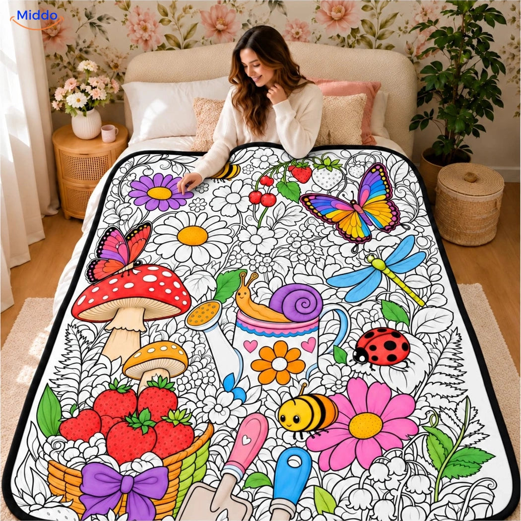 ColorFlow inkleurbare deken - Bloemen en tuindiertjes