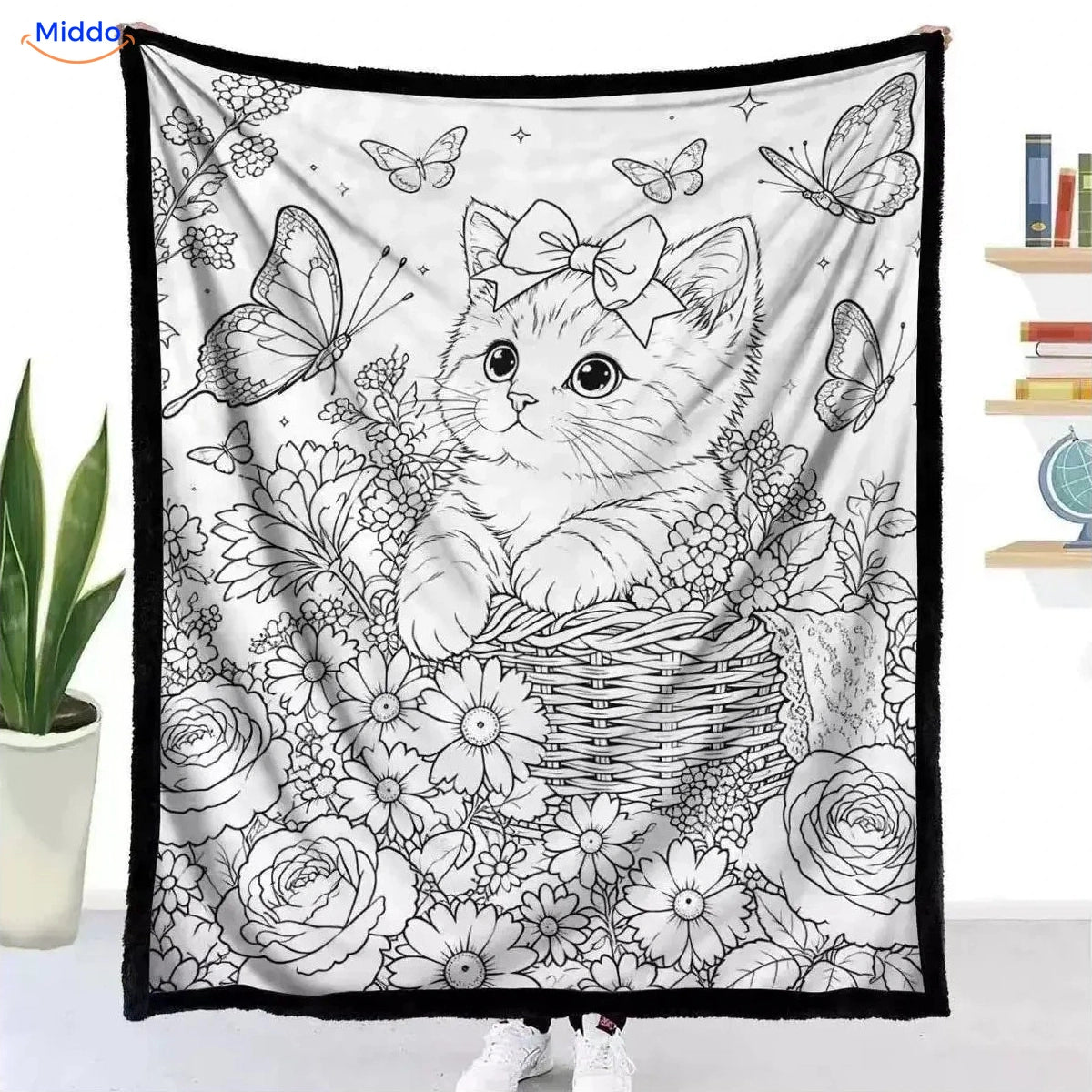 ColorFlow inkleurbare deken - Kitten in bloemenmand