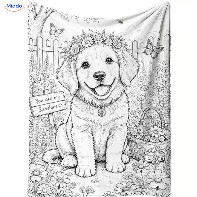 ColorFlow inkleurbare deken - Puppy met bloemen