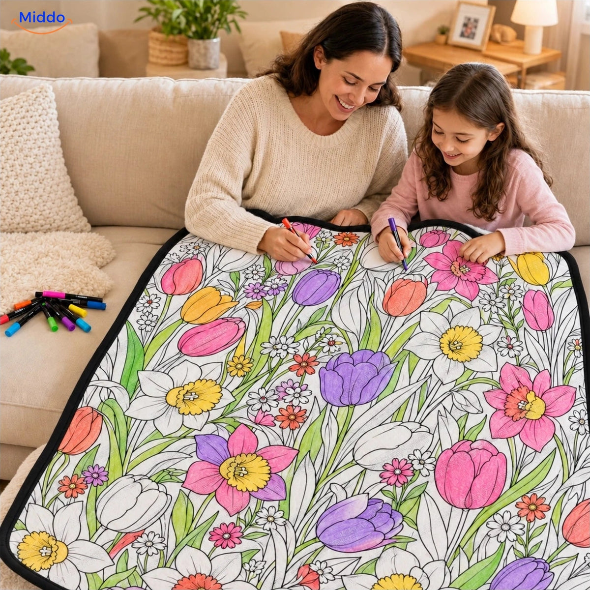 ColorFlow inkleurbare deken - Tulpen en bloemen