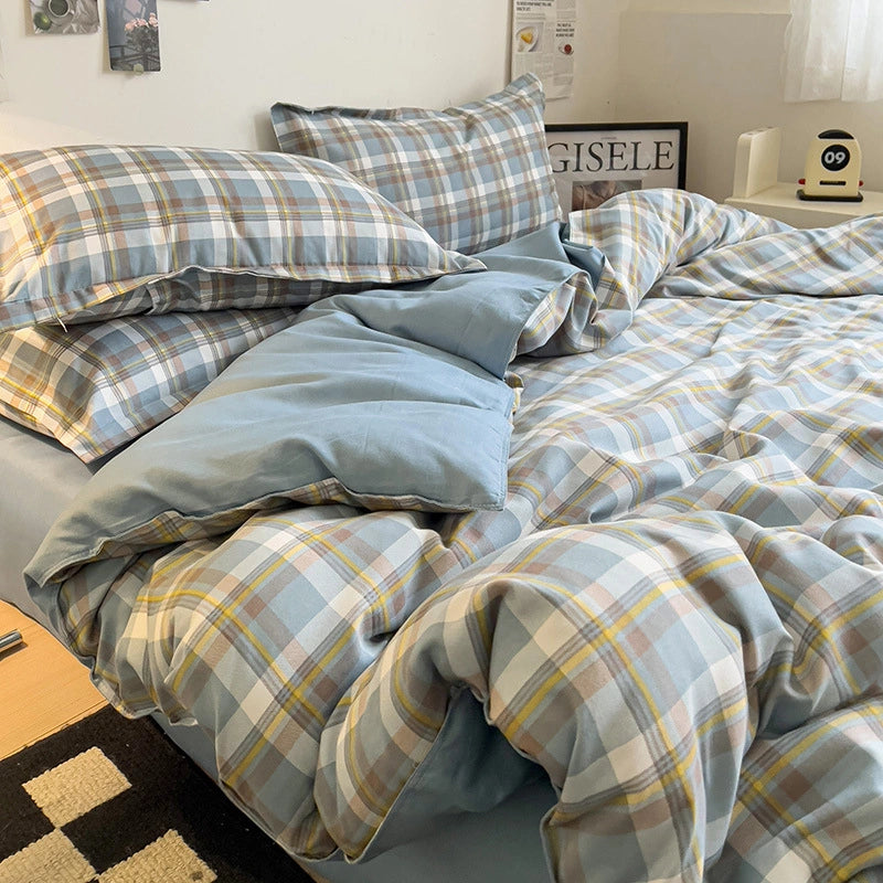 CottonNest dekbedovertrekset blauw beige geruit, met bijpassend laken en kussenslopen