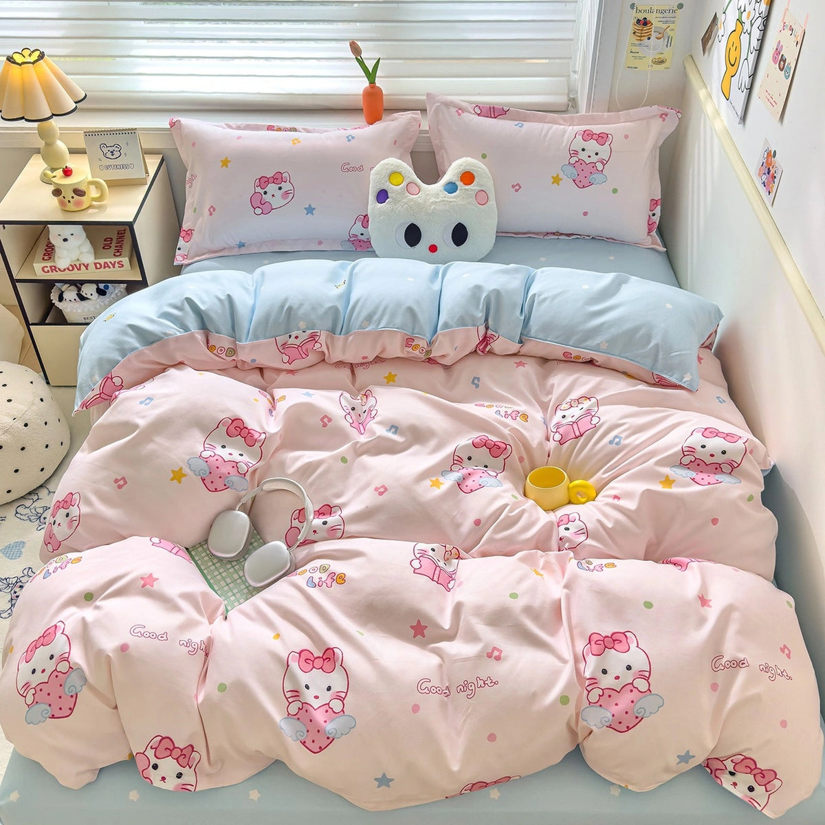 CottonNest dekbedovertrekset roze katjes met blauw (verdikt), met bijpassend laken en kussenslopen