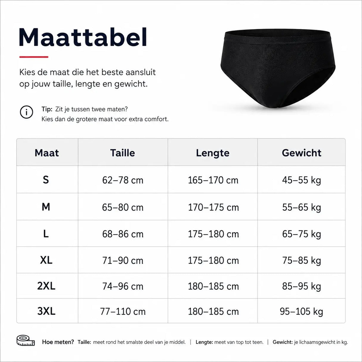 Alt-tekst: Maattabel voor de Cyclira Men fietsbroek van maat S tot en met 3XL – www.middo.nl