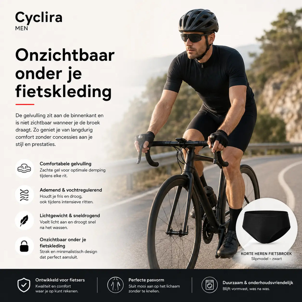 Wielrenner draagt de Cyclira Men fietsbroek onzichtbaar onder zijn fietskleding – www.middo.nl