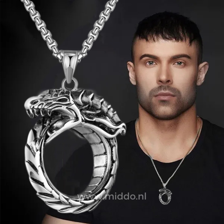 Man draagt een zilveren drakenketting, close-up van de hanger in de vorm van een draak.