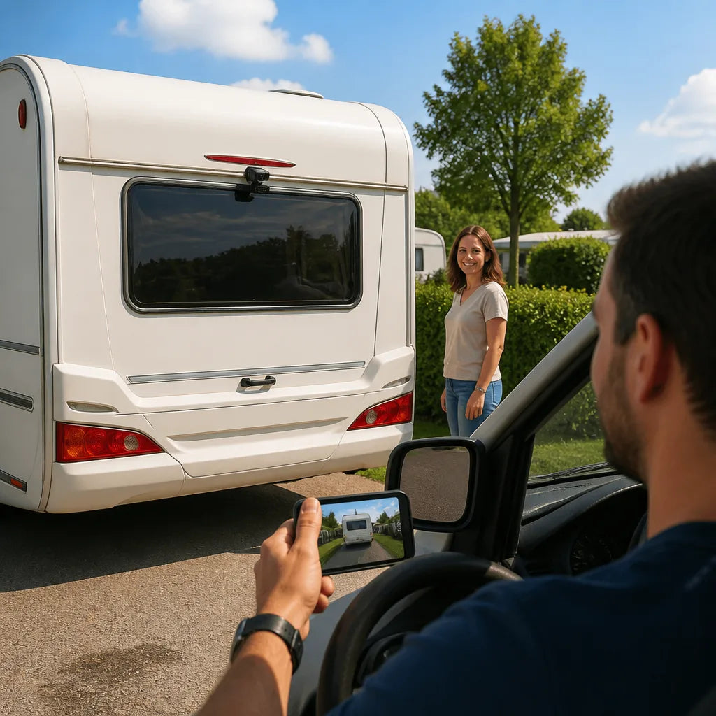 EasyCam Pro lifestyle – gezin met caravan, veilig achteruitrijden op vakantie
