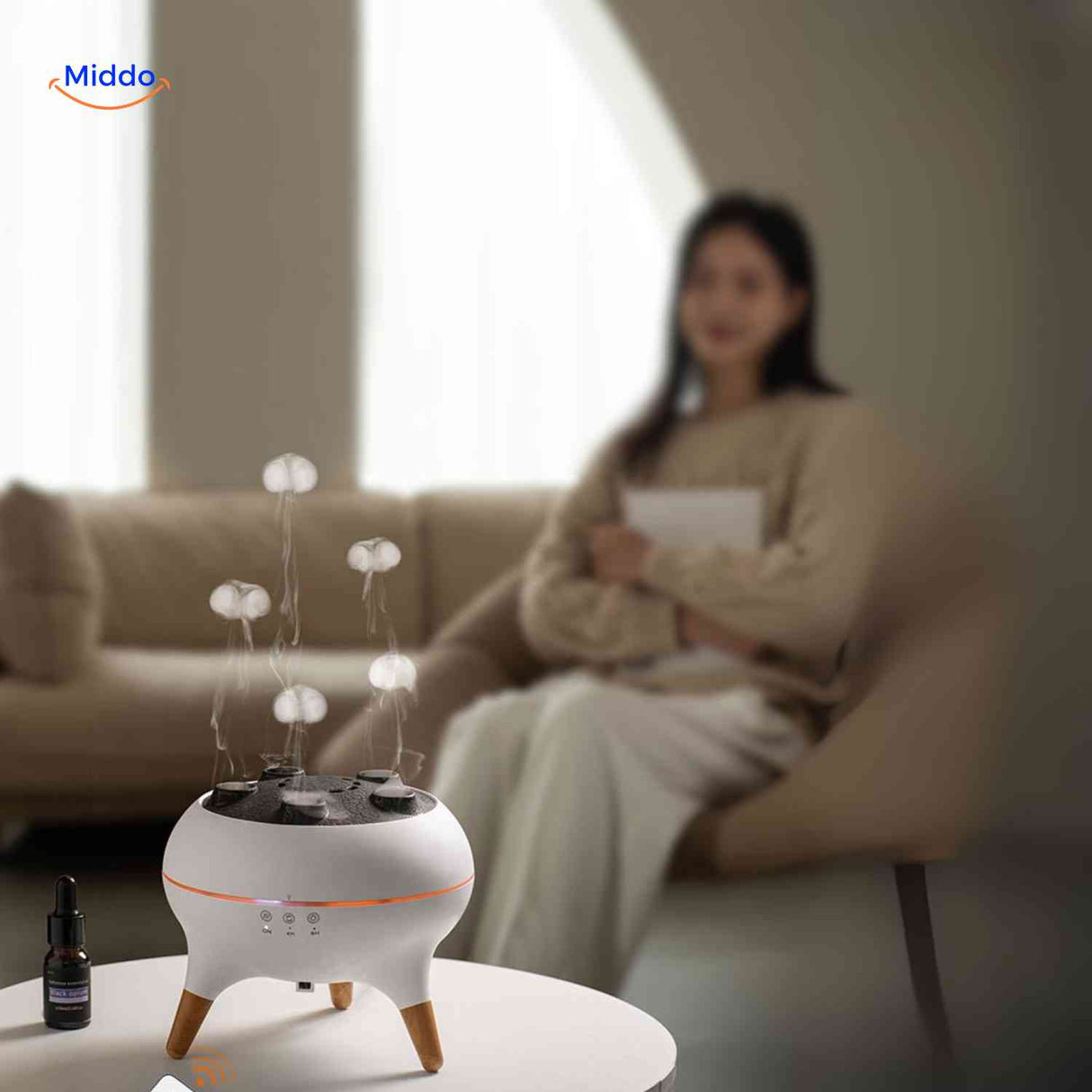 flamora diffuser gezellig in woonkamer met aroma uitstoot www.middo.nl
