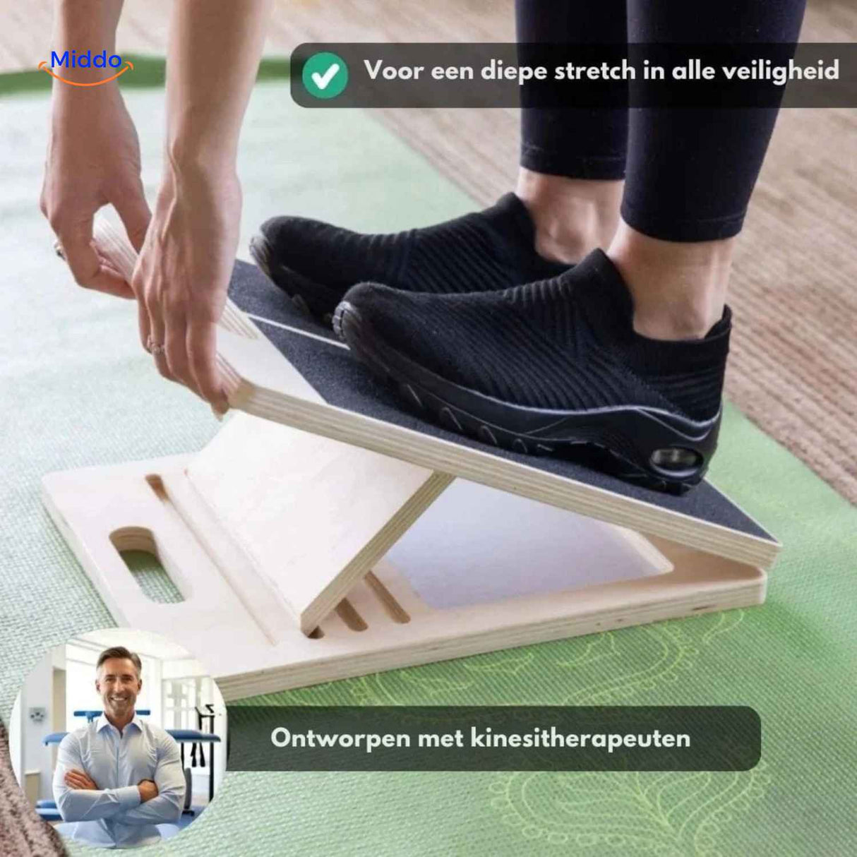 flexiplank stretchbord diepe en veilige spierstretching ontworpen met kinesitherapeuten www.middo.nl