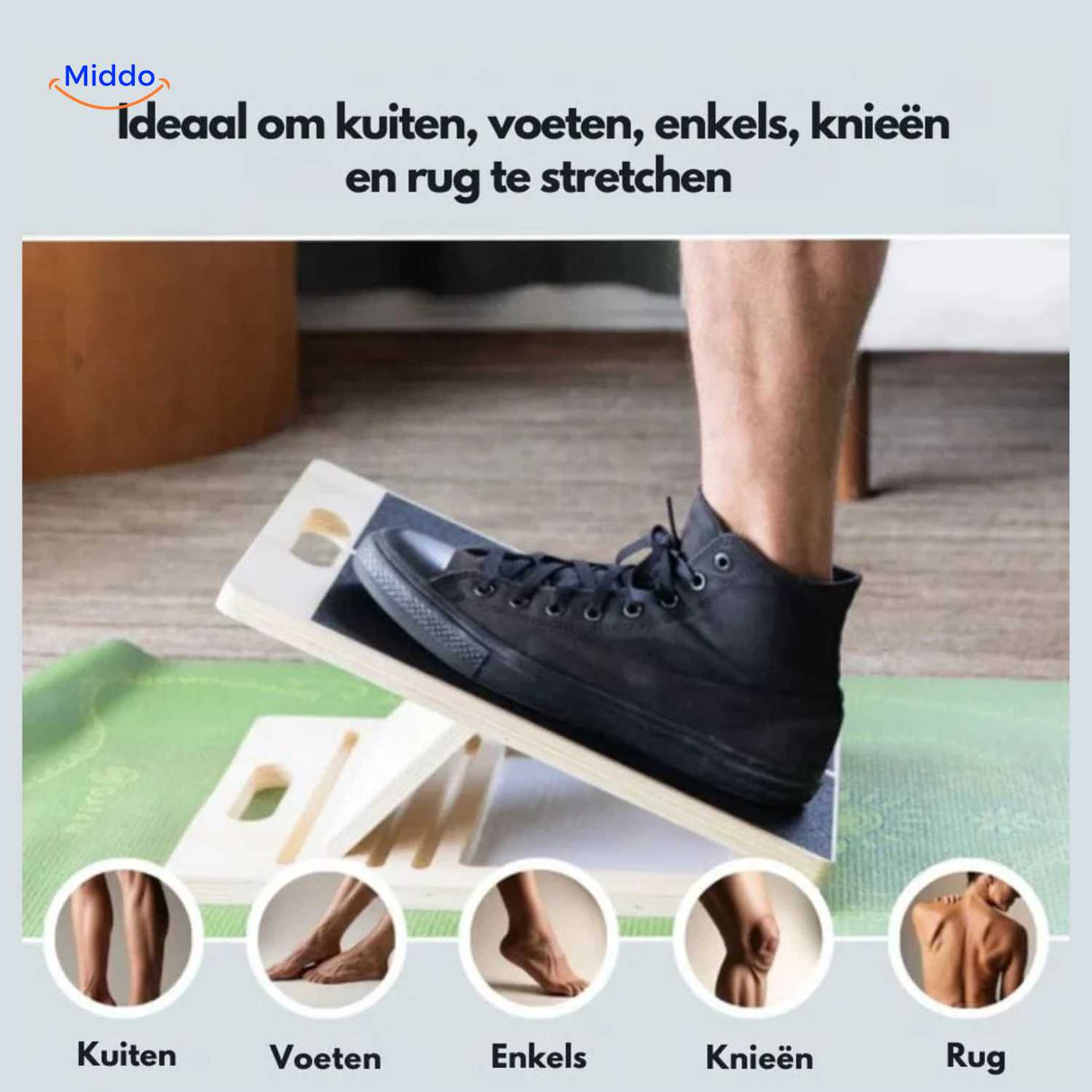 flexiplank stretchbord ideaal voor kuiten voeten enkel knie en rug stretching www.middo.nl