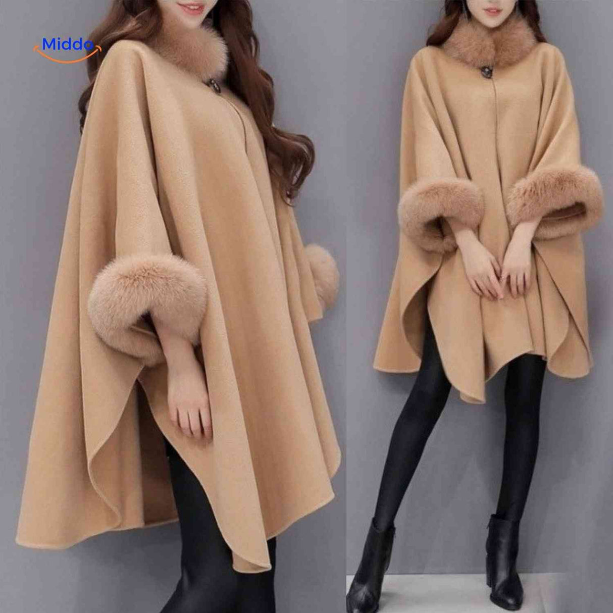 furina capejas elegante winterjas met bontkraag www.middo.nl