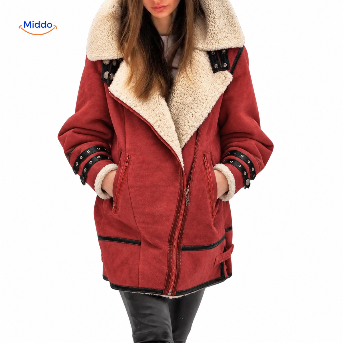furvia jas warme imitatiebont lange damesjas rood www.middo.nl