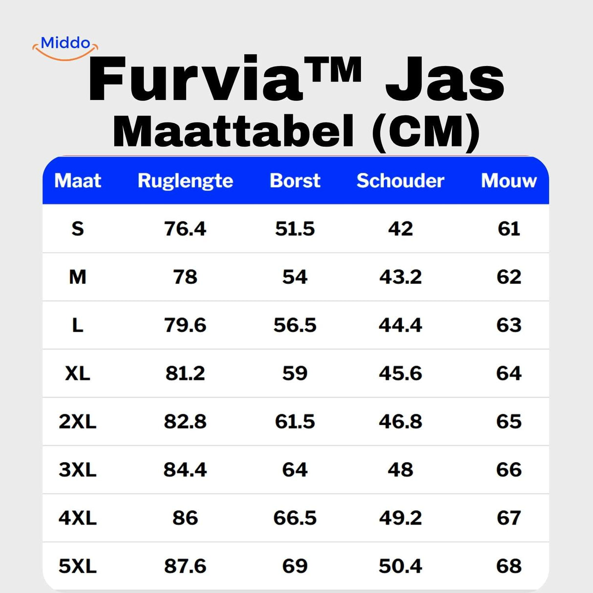 furvia jas maattabel cm maten s tot 5xl www.middo.nl