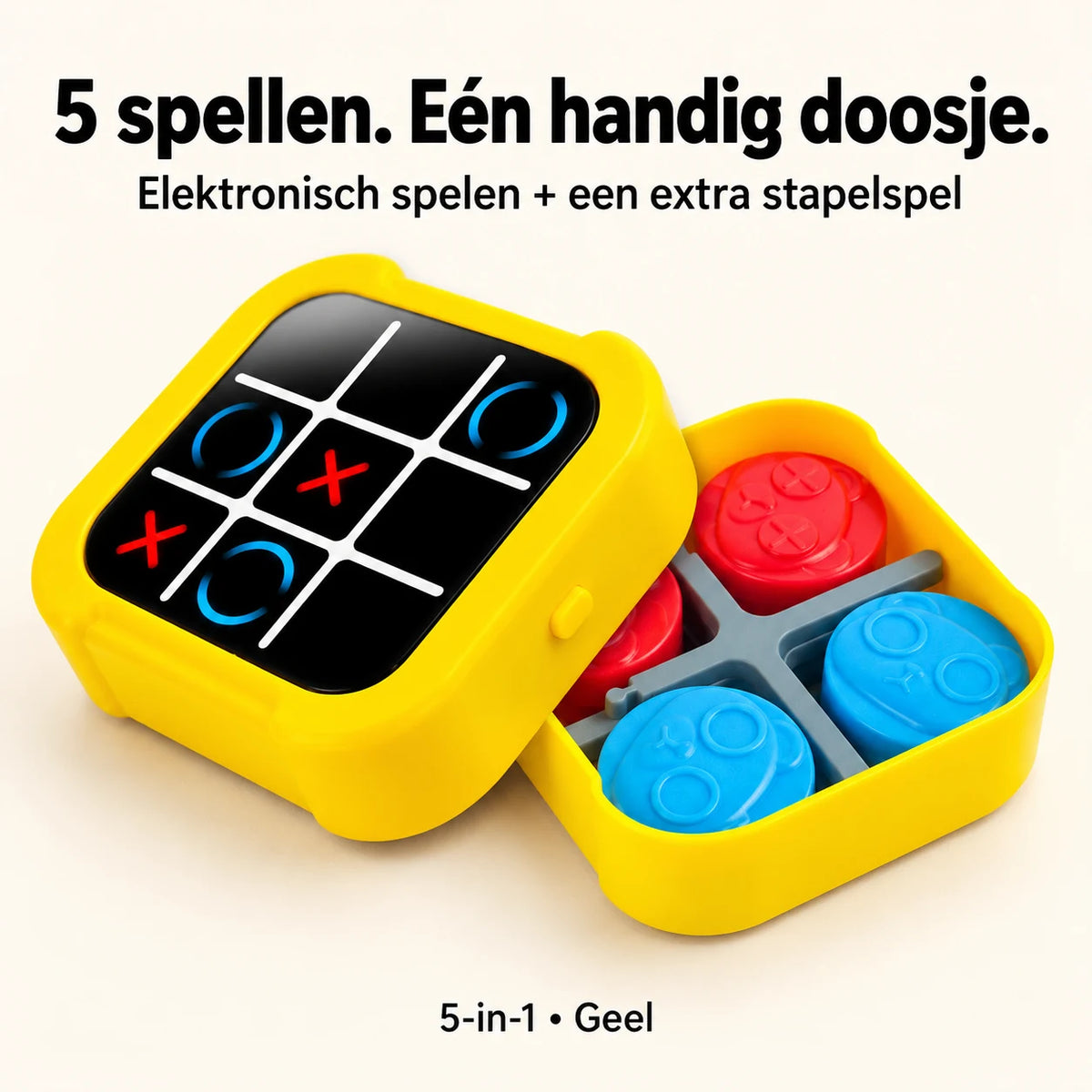 GameMaster 5-in-1 geel met elektronisch spel en opbergvak voor het stapelspel