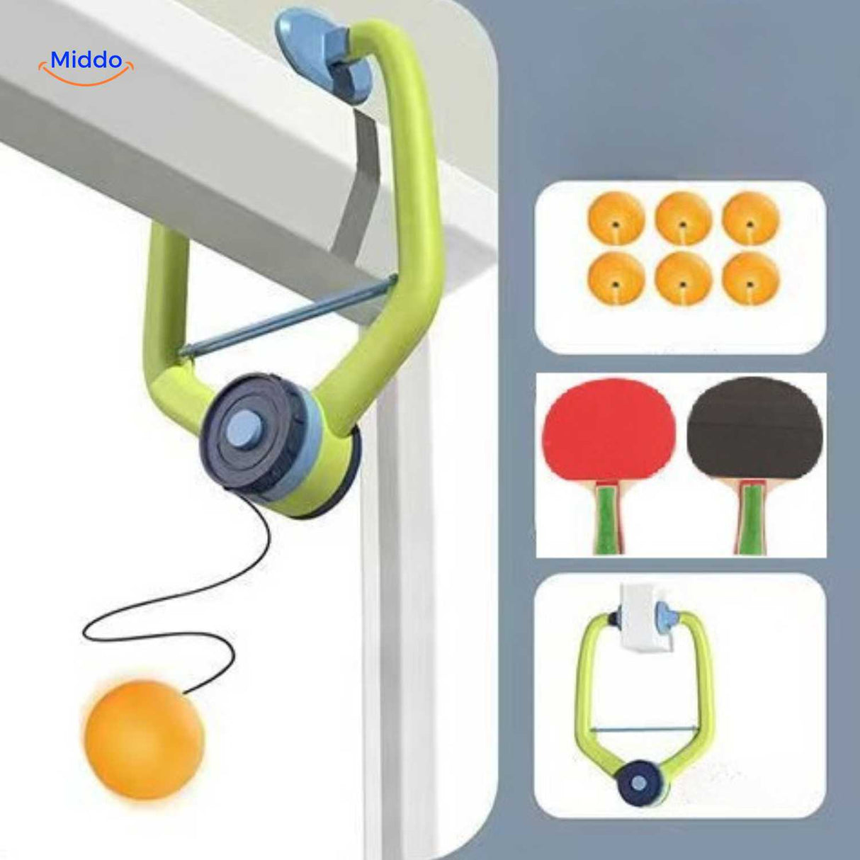 Hangingbounce trainer aan deur met rackets en ballen www.middo.nl