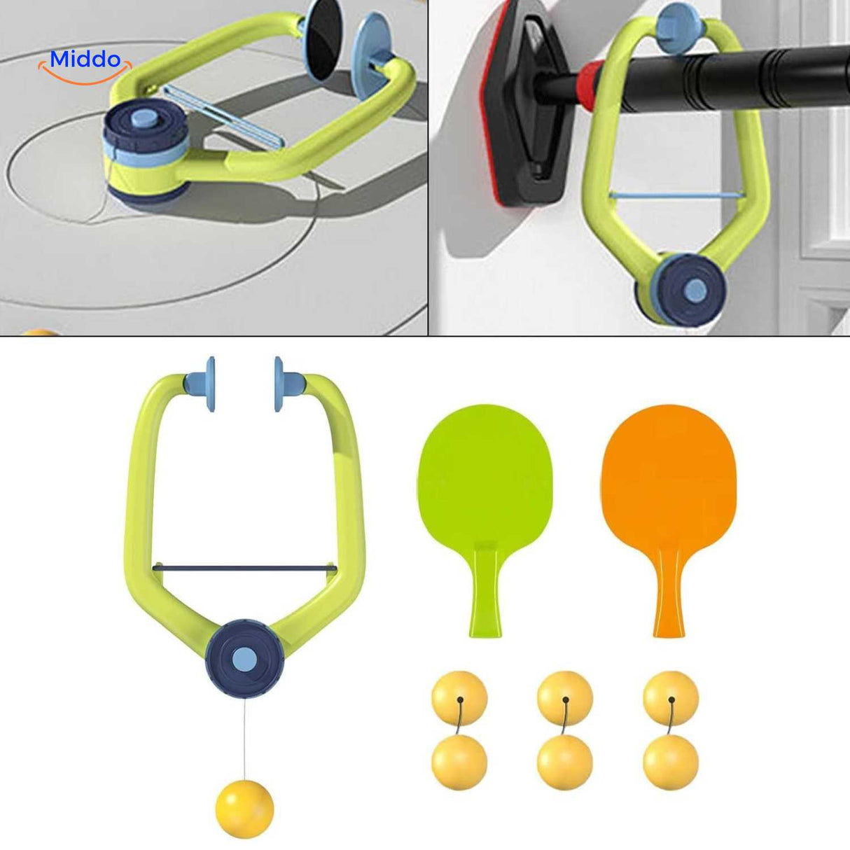 Hangingbounce trainer op hoge plank met twee rackets www.middo.nl